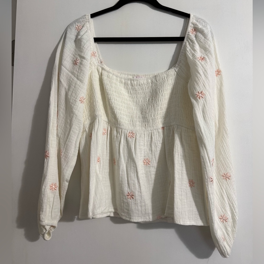 Pink Lily Blouse Women's Large Ivory Smocked Floral Long Sleeve Square Neck
